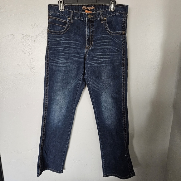 Wrangler Women's 32x32 Dark Wash Denim Blue Jeans Bootcut Tan Stitching Western - Picture 1 of 9